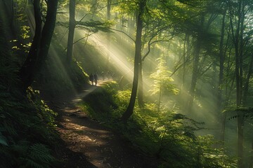 Forest path, sunbeams through trees, hikers walking, mid angle, vibrant greens, peaceful and refreshing