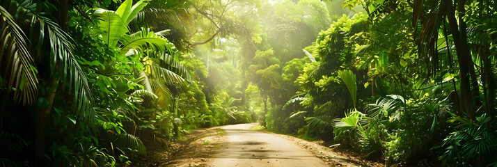 Tropical jungle in Southeast Asia with an extra-wide tunnel of green trees, perfect for nature and adventure-themed designs and publications.