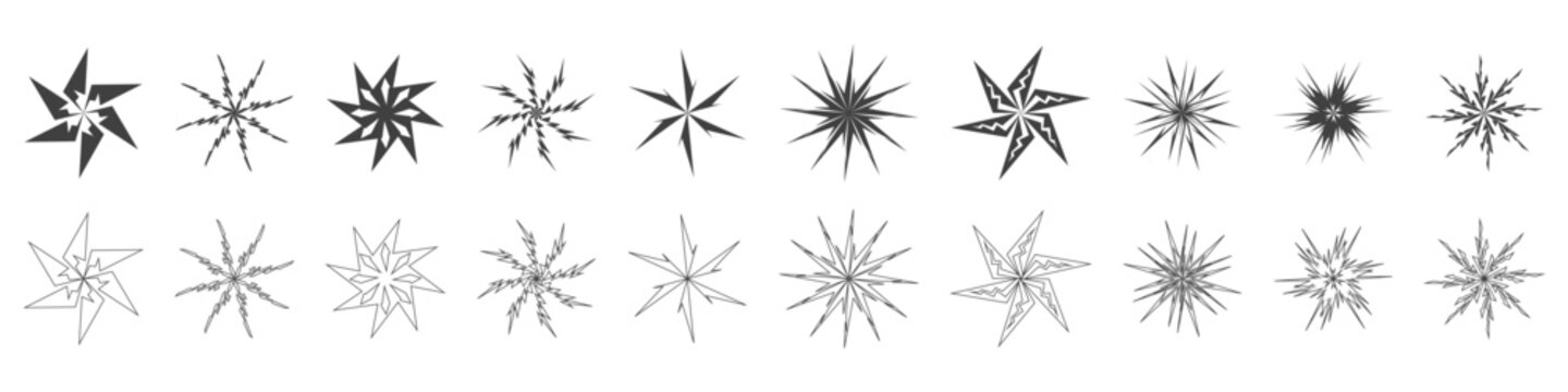 A set of stars icons, black color, solid shapes and outline stroke versions.