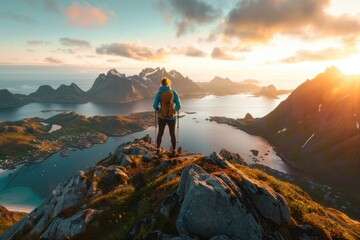 Man standing on top of mountain overlooking ocean and mountains at sunset in lofoten islands, norway travel adventure concept at dusk