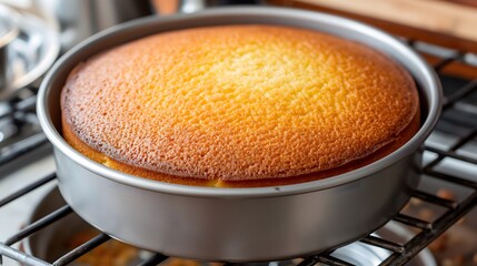 Golden cake baking on a stove