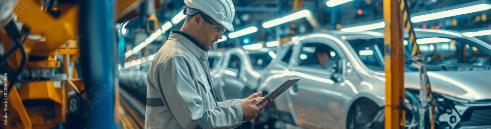 Poster skilled engineer manages hightech assembly line at car factory with innovation for precision, qualit