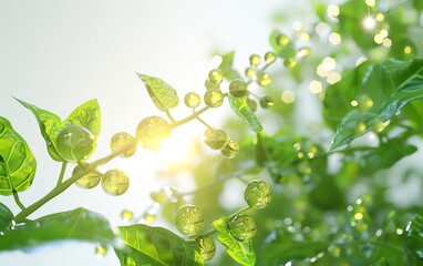 Highdetail 3D diagram of photosynthesis, featuring chlorophyll molecules and sunlight on a white background