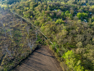 Steamboat Trace, bike trail converted from an abandoned railroad at Peru, Nebraska, springtime aerial view