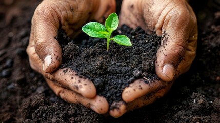 Close-up of hands holding rich, dark soil with a small green plant growing, symbolizing sustainable development and environmental care