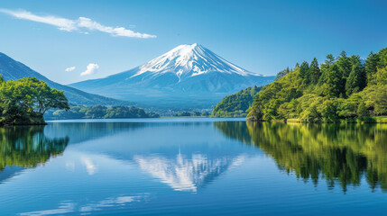 Obraz premium Still mountain lake reflects snow-capped peak in a peaceful morning landscape