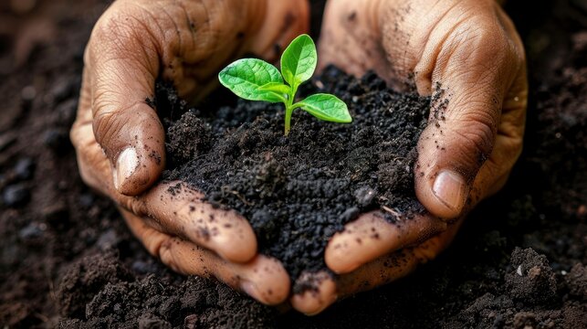 Close-up of hands holding rich, dark soil with a small green plant growing, symbolizing sustainable development and environmental care