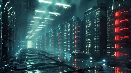 A futuristic data center featuring rows of massive storage arrays humming with activity, storing vast amounts of critical business data.