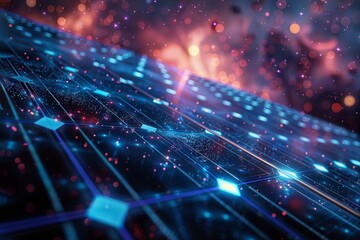 Fototapeta premium Futuristic solar panels bathed in a blue glow, symbolizing innovation in renewable energy with an abstract, star-like backdrop.