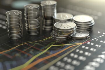 Stacks of silver Bitcoin coins on a financial chart displaying various market trends and stock data