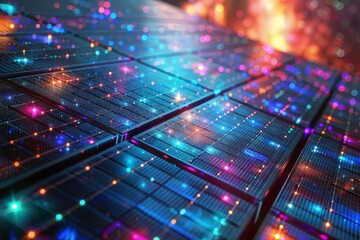 The image is a close-up of a row of solar panels with a blurred background. The solar panels have a blue tint and a grid-like pattern on the surface.