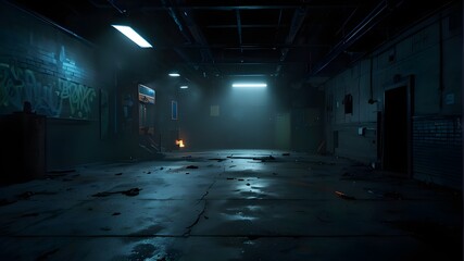 A pitch-black, deserted street, a deep blue backdrop, a dimly lit, vacant landscape, neon lights, and spotlights The studio space with smoke floating up the inside texturing and the asphalt floor.
