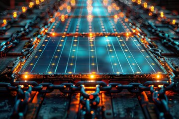 A close-up shot of a row of solar panels fills the frame. The solar panels are blue and have a grid-like pattern on the surface. They are illuminated by sunlight from above.