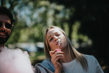Obraz premium A joyful moment captured as multiracial friends have fun together in the park, laughing, and blowing bubbles on a sunny day.