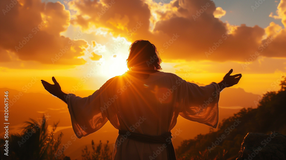 Wall mural jesus christ reaching out his hands and praying at sunset, back view - Wall murals