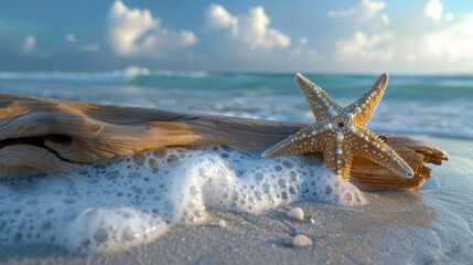 Starfish on the beach, under a tropical sky with a sunset, surrounded by sand, sea, and shells