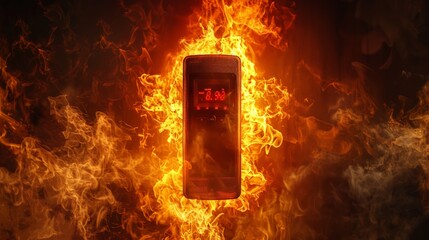 Aesthetic image thermostat among flowing electric currents, digital heater with bright red display engulfed in flames, representing intense heat. Fiery background emphasizes danger, warmth.