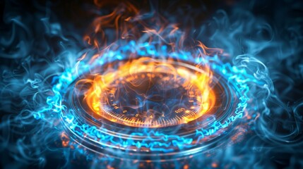 Aesthetic image thermostat among flowing electric currents, Fiery blue orange energy swirling in circular pattern with smoke rising around. Bright flames electric sparks create dynamic intense.