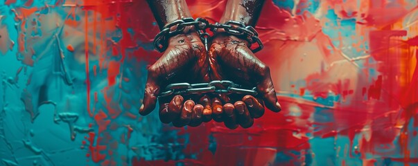 Painting showing two hands breaking free from chains