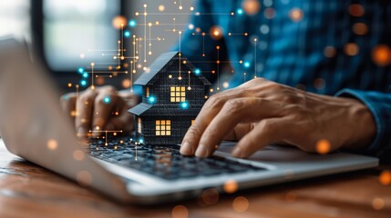 Close-up energy bill analysis with digital tablet,  Digital illustration small house with glowing lights emerging from laptop keyboard. Symbolizes integration smart home technology with computing.
