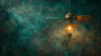 Artistic background electric currents with ceiling fan using energy-saving motor, Antique ceiling fan with brass elements warm glowing light in center, hanging against textured teal background.