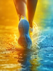 Close-up shot human foot transitioning into running shoe, Close-up runner foot splashing in water, captured in vibrant blue orange hues, motion energy, represents sports, activity, dynamic movement..