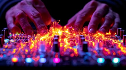 Close-up energy bill analysis with digital tablet,  Hands manipulating electronic circuit board with glowing lights and sparks. Represents innovation and technology in electronics.