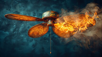 Artistic background electric currents with ceiling fan using energy-saving motor, Vintage ceiling fan with ornate metal blades, engulfed in flames against dark smoky background.