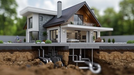 Diagrammatic representation electric currents through house using geothermal heating save energy, Cutaway illustration modern house showing detailed underground plumbing foundation.