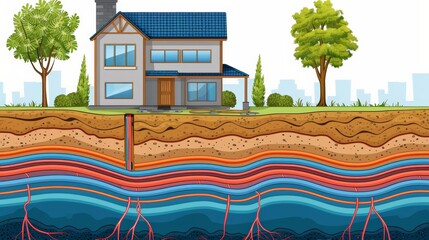 Diagrammatic representation electric currents through house using geothermal heating save energy, colorful illustration house with geothermal energy system beneath energy environmental sustainability.