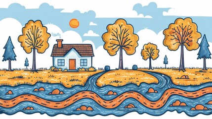 Diagrammatic representation electric currents through house using geothermal heating save energy, Whimsical illustration house in vibrant autumn landscape with trees winding river, nature design.