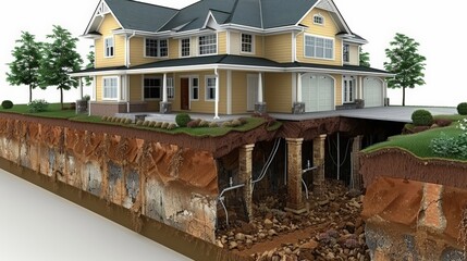 Diagrammatic representation electric currents through house using geothermal heating save energy, cutaway illustration house foundation showing structural integrity and underground support systems.