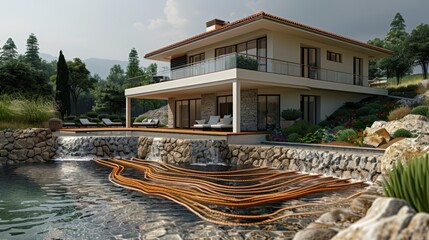 Diagrammatic representation electric currents through house using geothermal heating save energy, luxurious modern house with large terrace overlooking landscaped garden pond with cascading waterfall.