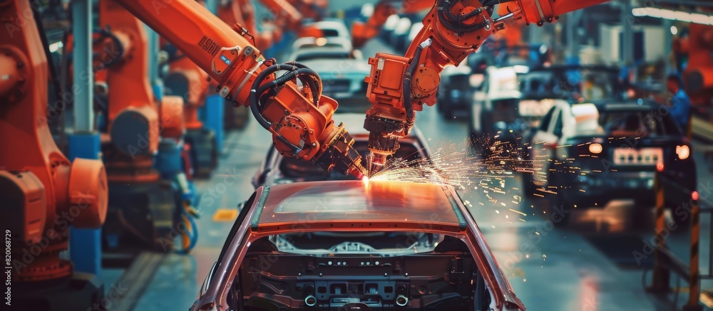 Poster in a stateoftheart car manufacturing facility, advanced robotic arms on assembly lines construct veh