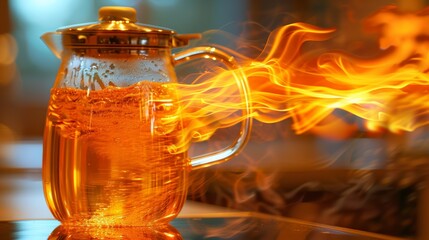 Electric current diagram aroundGlass teapot with swirling flames around it, representing heat and energy, scene captures dynamic movement vibrant colors, emphasis on concept warmth, boiling.