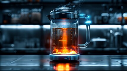 Electric current diagram aroundGlass teapot with swirling flames around it, Modern glass kettle in high-tech kitchen setting, illuminated with neon blue orange lights, scene emphasizes innovation.
