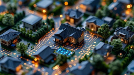 Obraz premium Electric current diagram around modern kettle with auto shut-off feature, miniature model suburban neighborhood with glowing lights on digital grid, scene highlights smart home technology, modern.