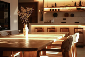Sunlit modern kitchen interior with wooden dining table and chairs, featuring a rustic vase with dried flowers as a centerpiece. The warm lighting and minimalistic design