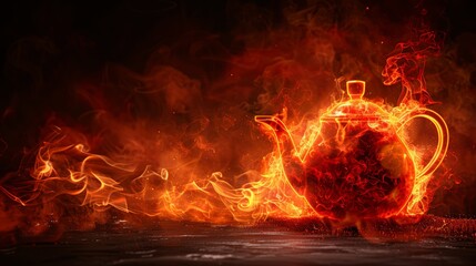 Electric current diagram aroundGlass teapot with swirling flames around it, teapot surrounded by intense flames in dark background, scene captures fiery movement and dramatic lighting.