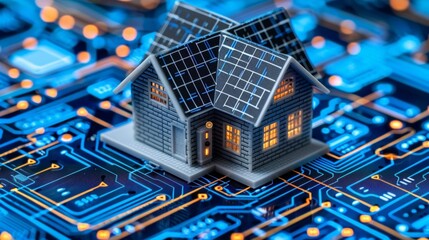 Electric current flow around energy-saving smart home devices like smart lights sensors, Miniature house with solar panels on roof placed on digital circuit board, scene highlights renewable energy.