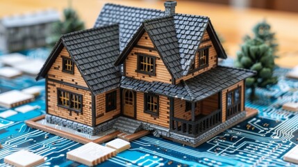 Electric current flow around energy-saving smart home devices like smart lights sensors, wooden house on circuit board background, scene blends traditional architecture with modern technology.