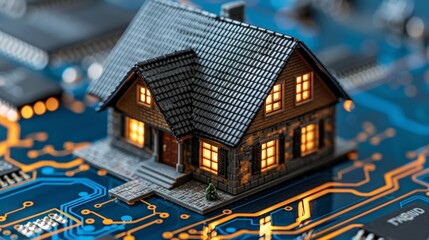 Electric current flow around energy-saving smart home devices like smart lights sensors, Miniature house with illuminated windows on circuit board background, scene emphasizes modern technology.