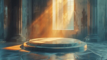 A 3D podium bathed in the soft glow of morning light filtering through a nearby window.