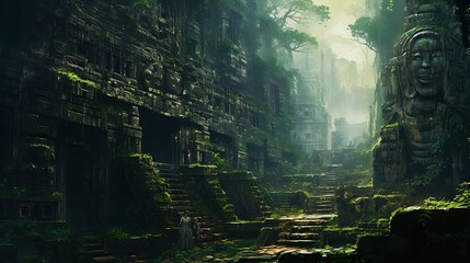 A hauntingly beautiful ruins of an ancient civilization, nestled amidst a dense jungle, adorned with intricate carvings and overgrown with lush vegetation background