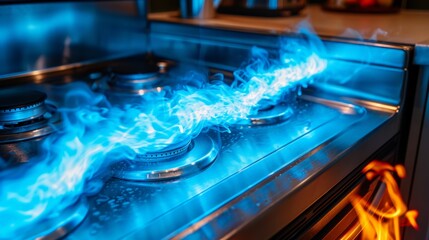 Electric current flowing through modern home, Close-up gas stove with blue flames, stainless steel surface reflects light, highlighting the intensity of the flames, concept of cooking, heat.