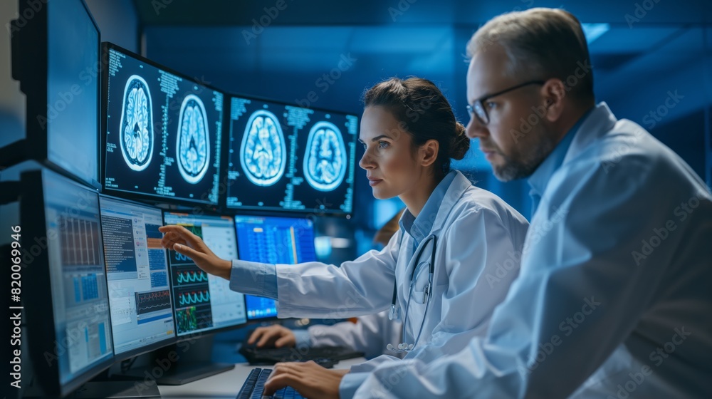 Poster Medical professionals are analyzing brain scans in a hightech laboratory. They use diagnostic technology and advanced tools like MRI images and computers for accurate medical analysis