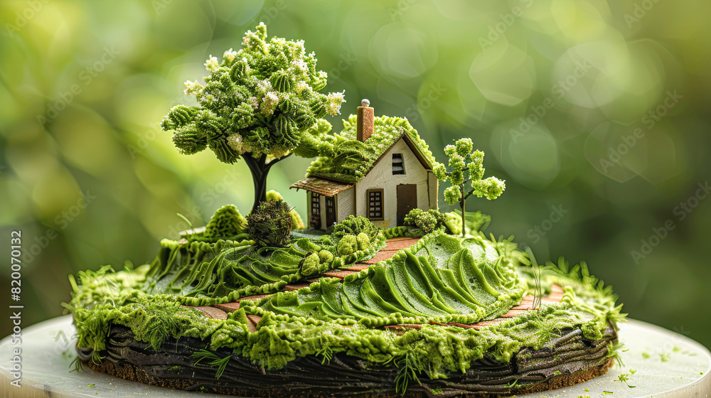 Canvas Prints a cake portraying a serene rural scene, with lush green frosting and a delicate model of a house and tree, blurring the lines between food and art.