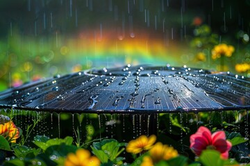 A solar panel glistens with raindrops amidst vibrant flowers, capturing the harmony of technology and nature under a rainbow.
