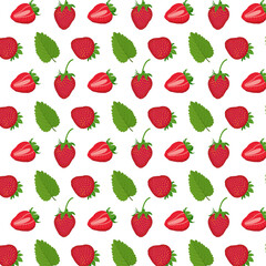 Seamless pattern for gift bag. Red strawberries and green mint leaf on a white background. Print for fabric and textiles. Juicy and ripe berries. Vector cartoon illustration. Ornament for packaging.