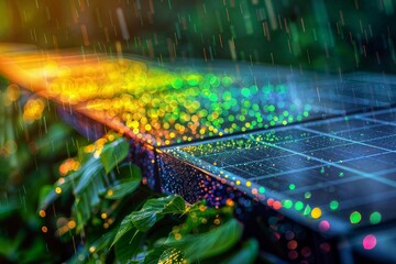 Solar panels amidst green foliage, illuminated by ethereal lights under rain, depicting eco-friendly energy generation in a magical atmosphere.